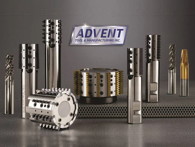 Advent Tool and Manufacturing high-precision tooling displayed on a perforated metal surface.