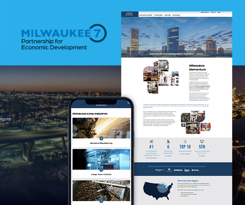 Milwaukee 7 website launch on desktop and mobile showing regional economic development industries.