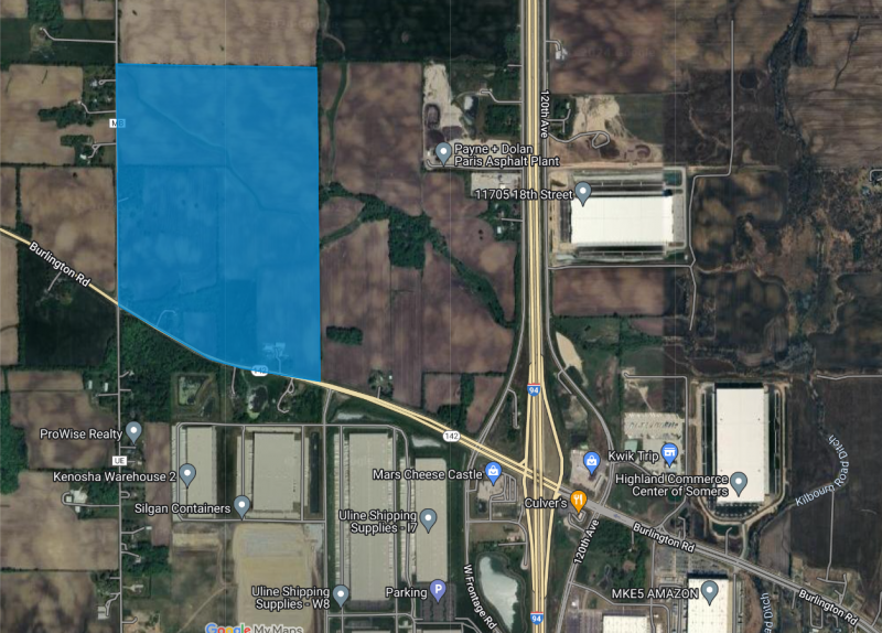 Satellite map highlighting the Kenosha Microsoft data center site in blue, north of Burlington Road and west of I-94.