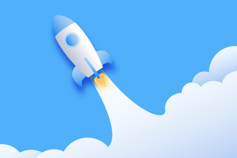 Stylized rocket ship launching into the sky with a large plume of smoke.