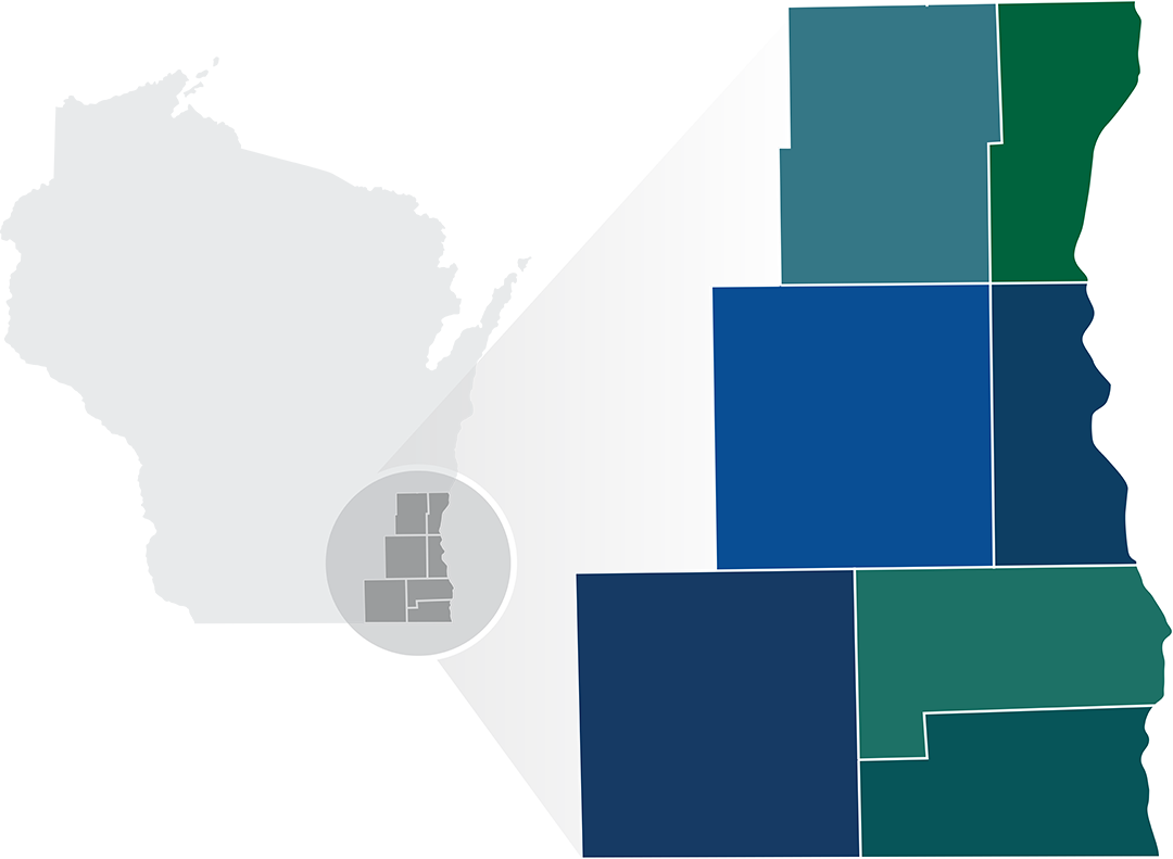 USA-Map-w-GreatLakes-BLUE-v5_hover Wisconsin map with an enlarged view of a cluster of eastern counties featuring color-coded blocks.