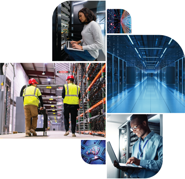 Technicians maintaining server racks in a data center corridor with a digital AI graphic overlay.