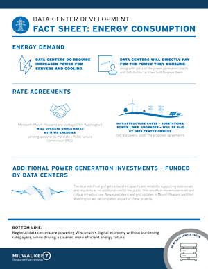 Fact sheet detailing data center energy consumption, including power demand, rate agreements, and infrastructure investment.