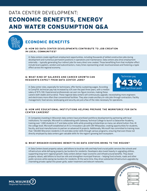 Infographic on data center development, covering economic benefits and the regional impact of energy and water consumption.