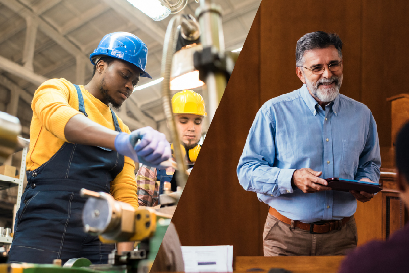 11 Technician operating workshop machinery alongside a professor teaching with a tablet.